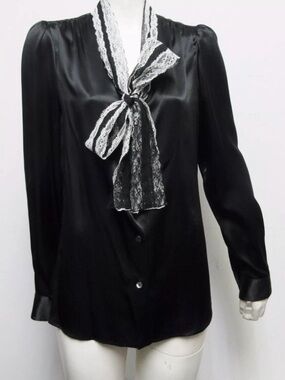 NWT $1,020 DOLCE & GABBANA Black Silk Lace-Trim Tie Neck Bow Blouse Size 42